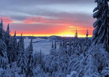 A colorful sunset over snowy mountains with fog covering the valley below.