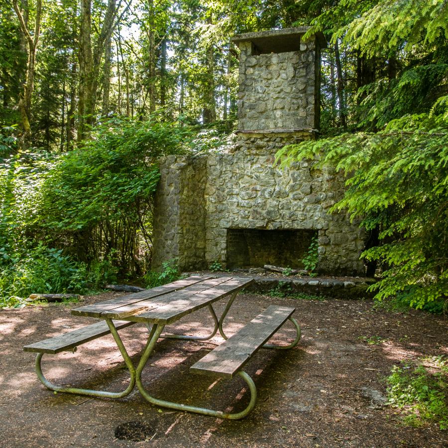 Large stone fireplace is in the center of the photo with a wooden picnic table in front of it. The area is dirt  near the fireplace and picnic table. Surrounding them is  lush green foliage and trees. 