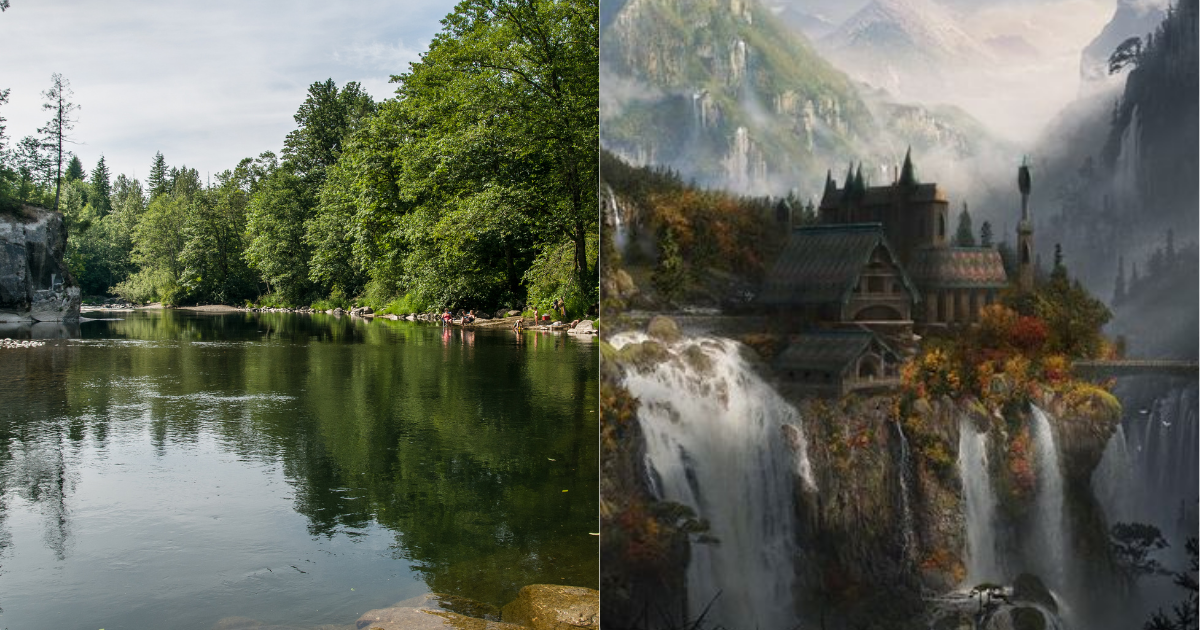 side by side photos of Kanaskat-Palmer State Park and The Lord of the Rings' Rivendell