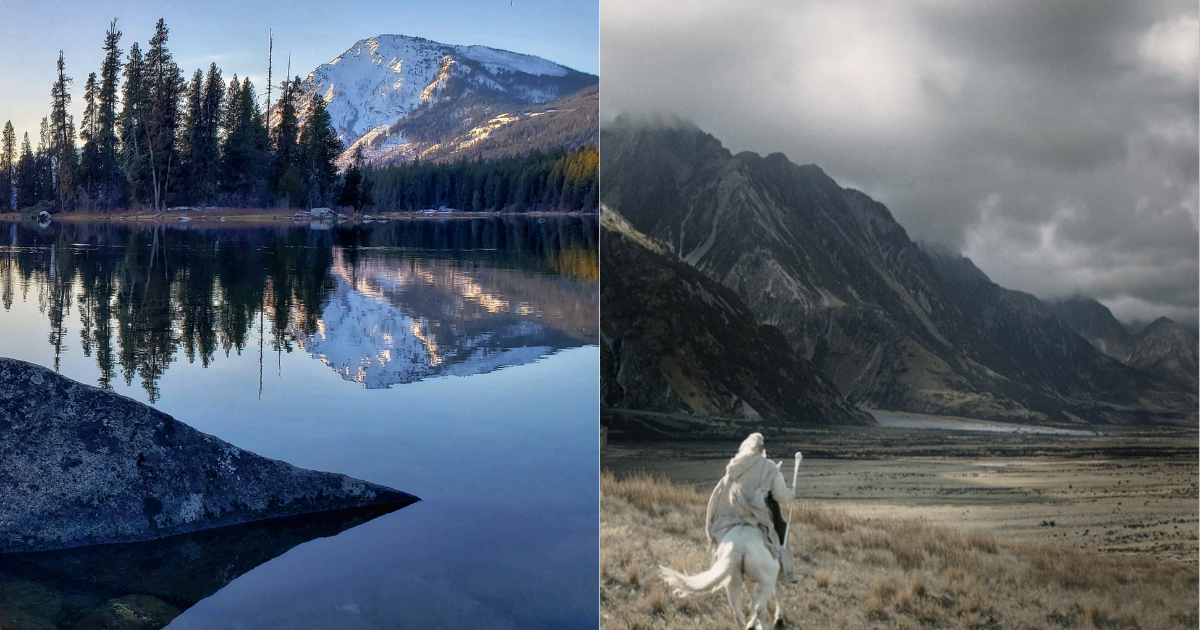 side by side photos of Lake Wenatchee State Park and The Lord of the Rings' Gondor