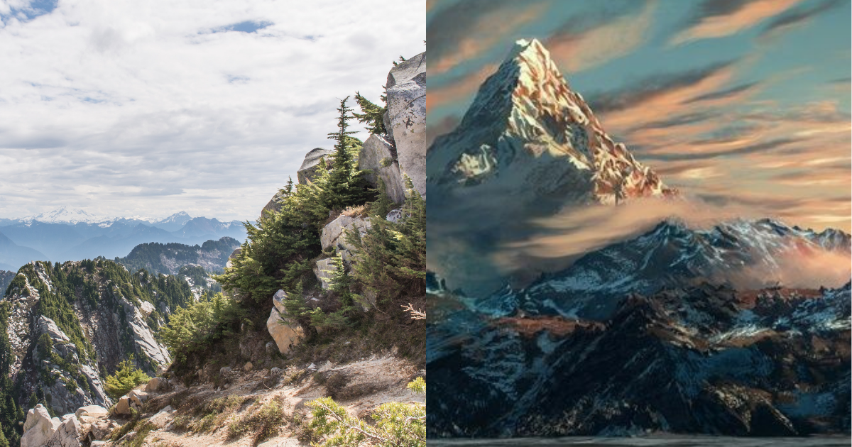 side by side photos of Mount Pilchuck State Park and The Hobbit's The Lonely Mountain