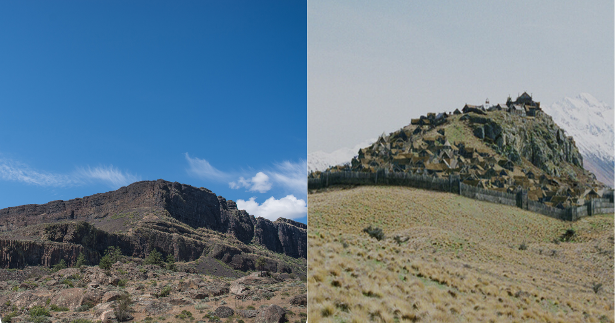 side by side photos of Steamboat Rock State Park and The Lord of the Rings' Rohan