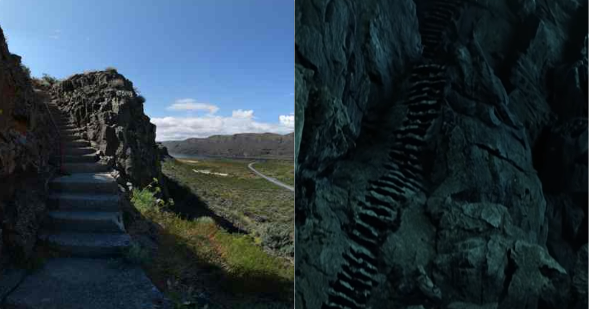 side by side photos of Sun Lakes-Dry Falls State Park and The Lord of the Rings' Mordor