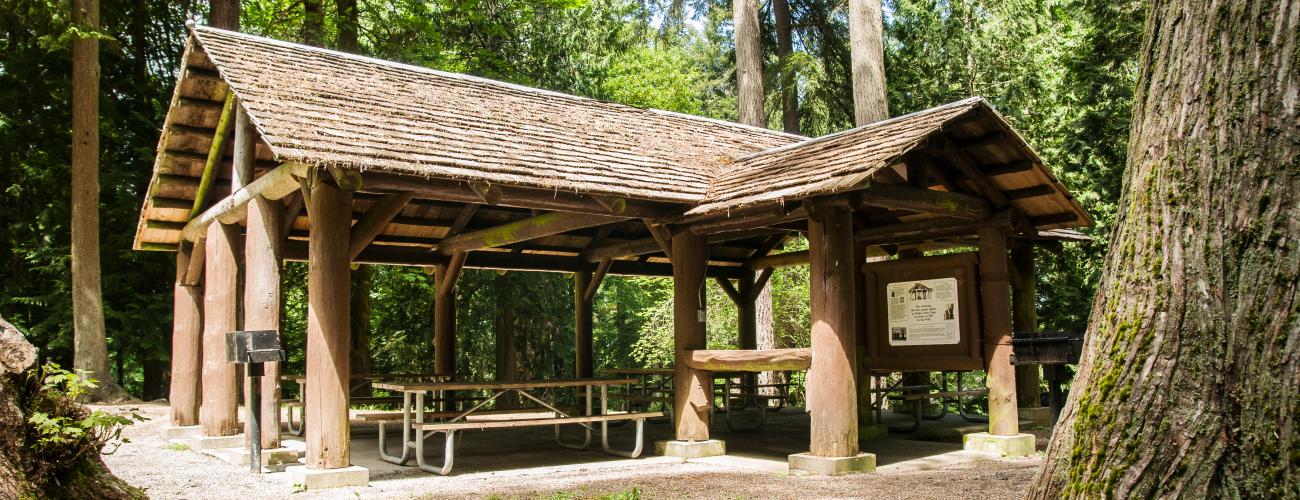 Illahee State Park picnic shelter in forest with trees outdoors