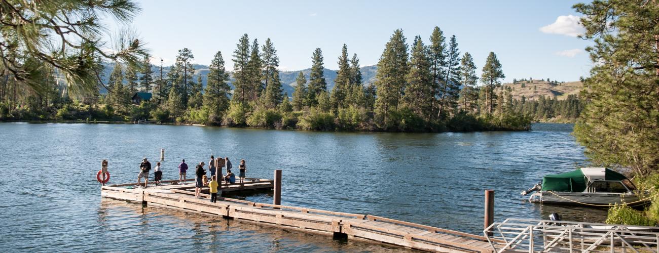 A group of people stand at the end of a dock fishing into the lake with tall trees and bushes along the far shore.