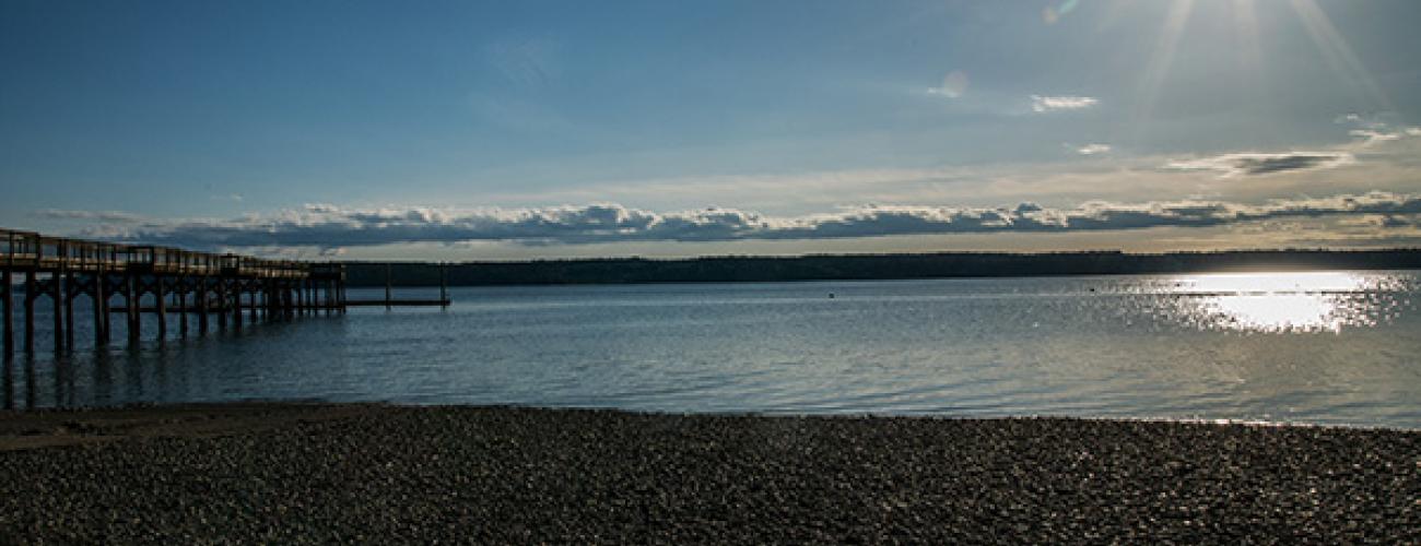 The evening sun glistening on the water at Joemma Beach.