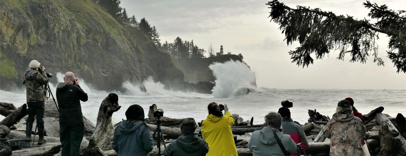 Photographers in the driftwood at a Washington beach with their cameras in their hands and on tripods taking pictures of waves crashing onto a rocky shore. 