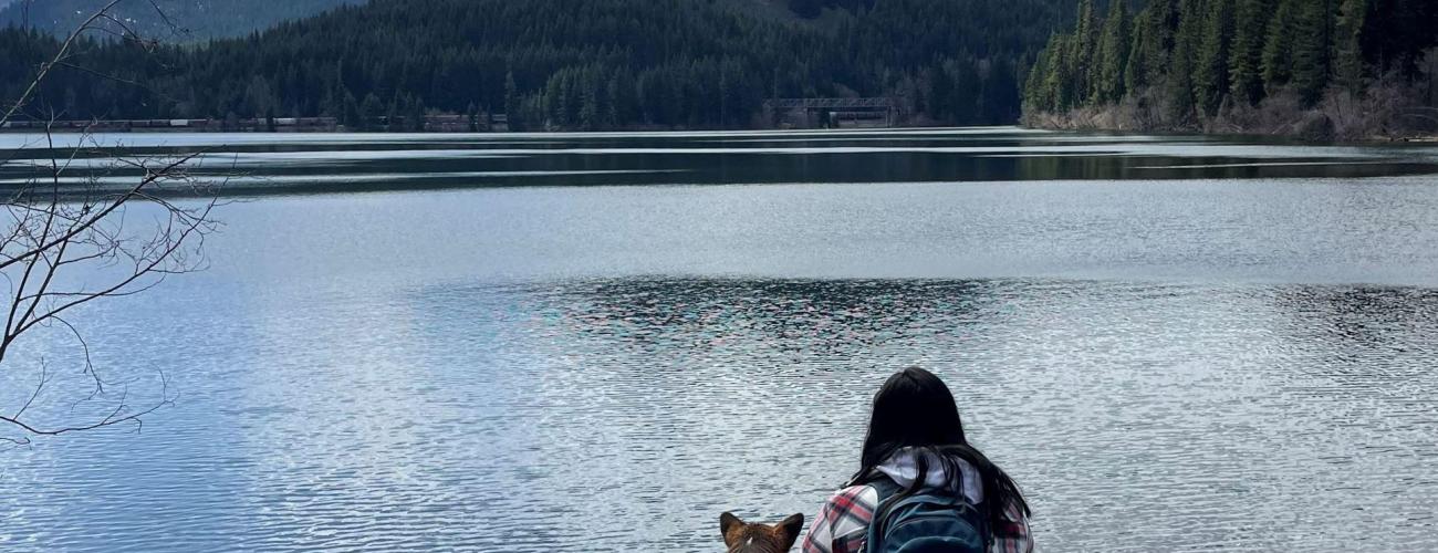 Dog and human enjoying Lake Easton view