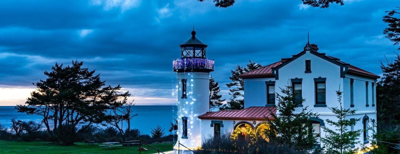 Admiralty Head lighthouse with holiday lights