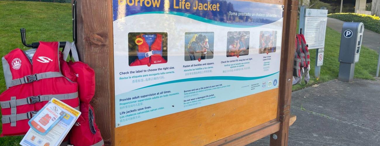 life jacket loaner station for public use at a local water access point