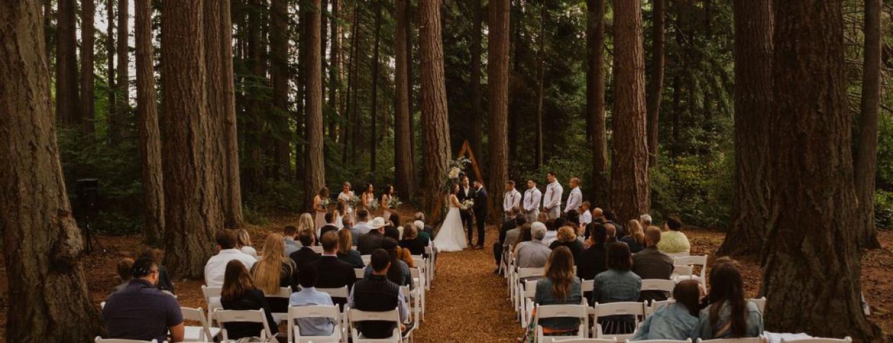A couple getting married in a forest setting with wedding attendees sitting in rows of chairs