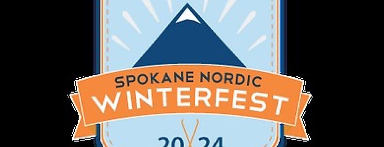 A blue drawing of a mountain with an orange banner across the front that says Spokane Nordic Winterfest 2024.