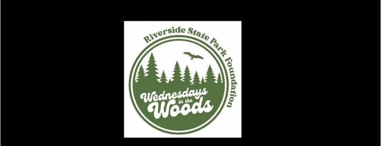 A circular logo for Wednesdays in the Woods with green trees in the background and a bird flying above.