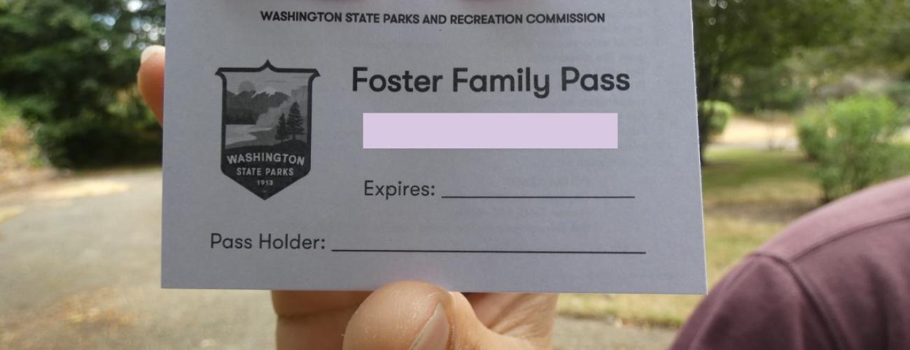 Hand holding a purple Foster Family pass.