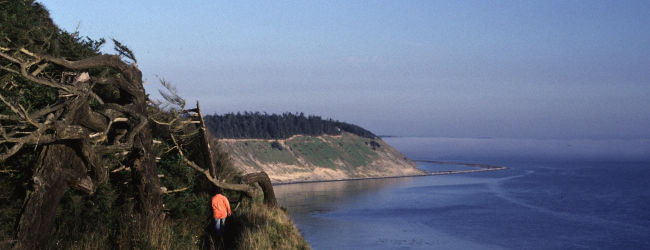 hiker on trail along bluffs above ocean