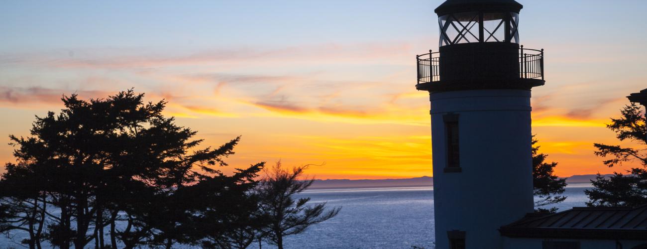 lighthouse with sunset in background