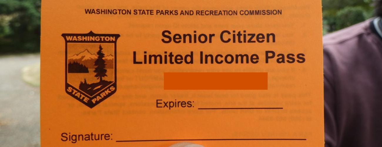Hand holding a orange Senior Limited Income pass.