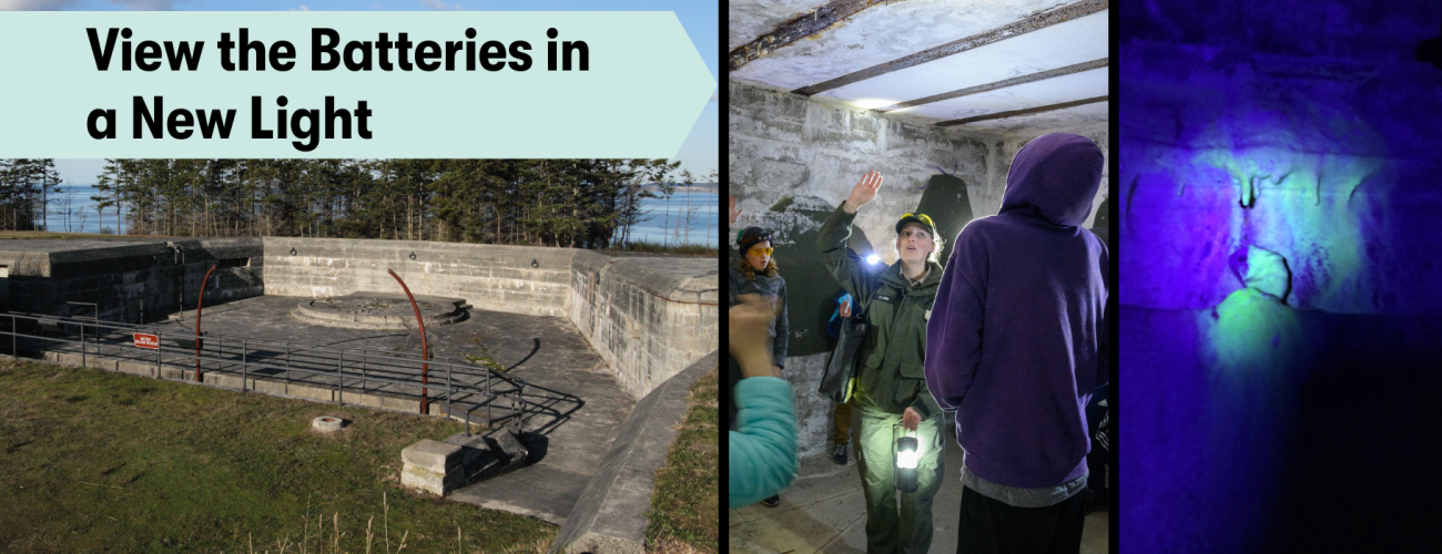 Collage of images: view of the batteries, tour guide inside of the batteries, and view of stalagmites under ultraviolet light.