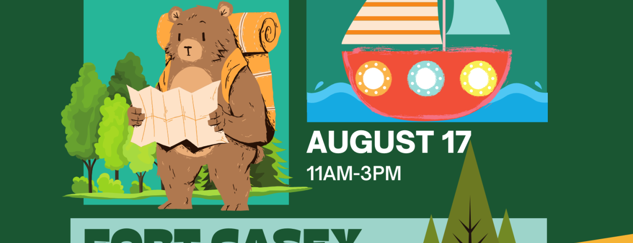 Flyer for Outdoor Discovery Day with a cartoon bear reading a map in a forest and a cartoon boat.