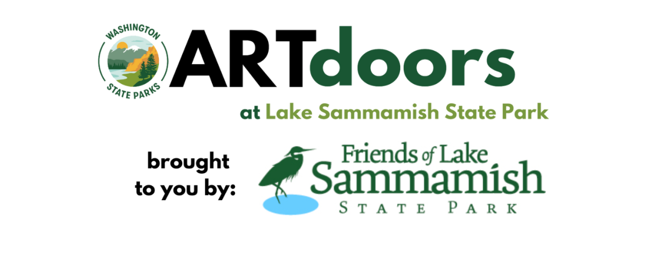 Image of the Washington State Parks circular logo with the word art in black and doors in green. The words at Lake Sammamish state park are also in green. In black it says brought to you by: and then it shows the friends of lake sammamish state park logo witch green letters and a great blue heron silhouette.