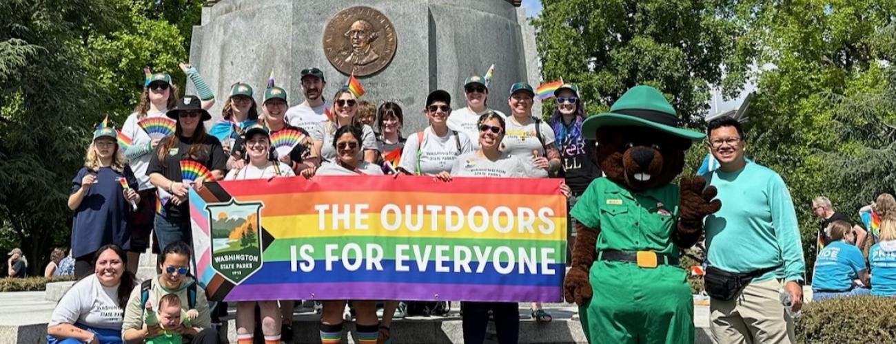 Group photo of Parks staff in the Oly Pride Parade. 