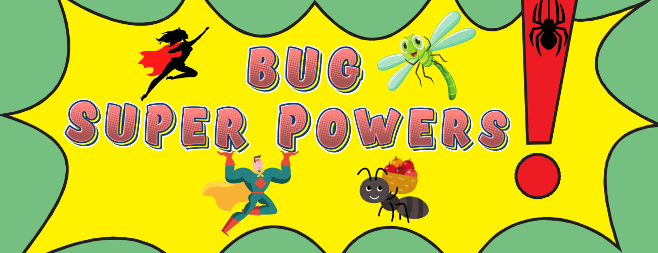 Green background with yellow splotch. Cartoon bugs and superheroes