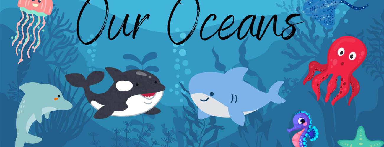 Blue cartoon ocean with different ocean creatures like orca, shark, octopu, jellyfish and text