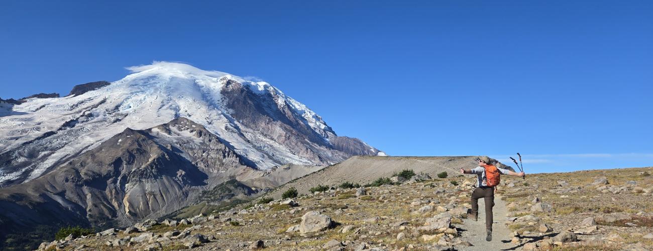 Man with hiking poles skips down a trail on a sunny day at Mt. Rainier National Park. There is a large mountain in front of him.