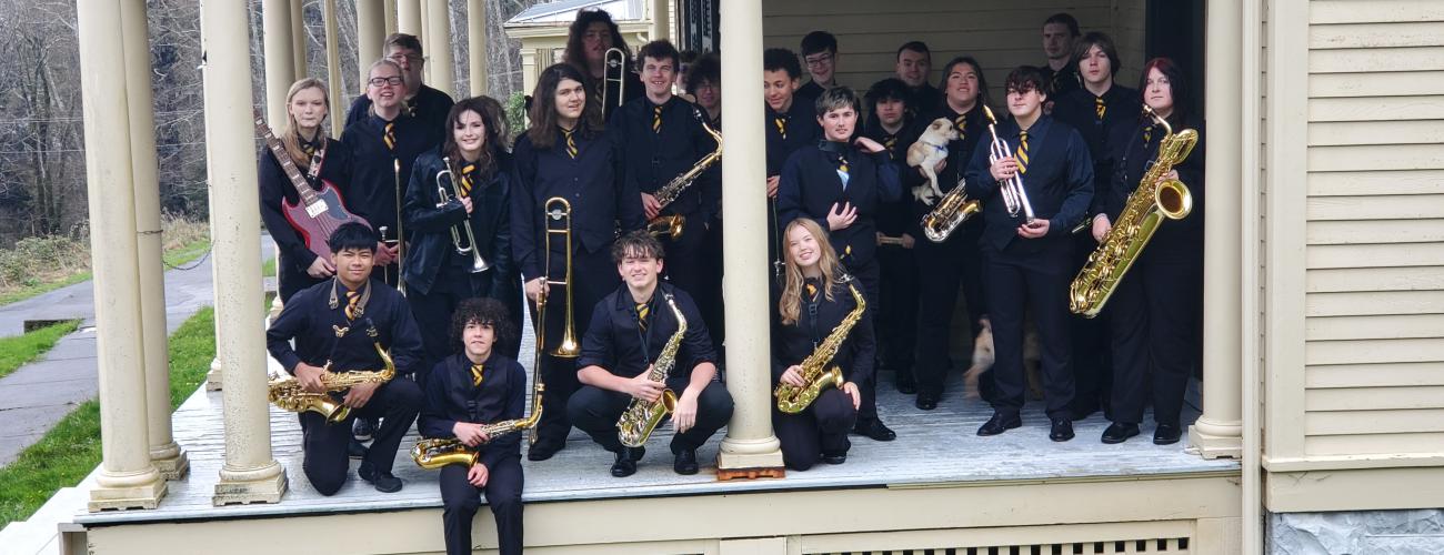 Jazz band group posing for a photo for the Fort Columbia Open House