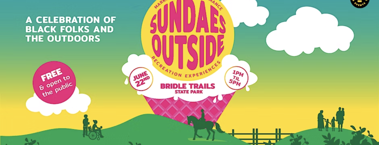 Sundaes Outside Bridle Trails State Park graphic with ice-cream cone liked clouds on the green and yellow sky, green trees, mountains, people and horse riding on the foreground