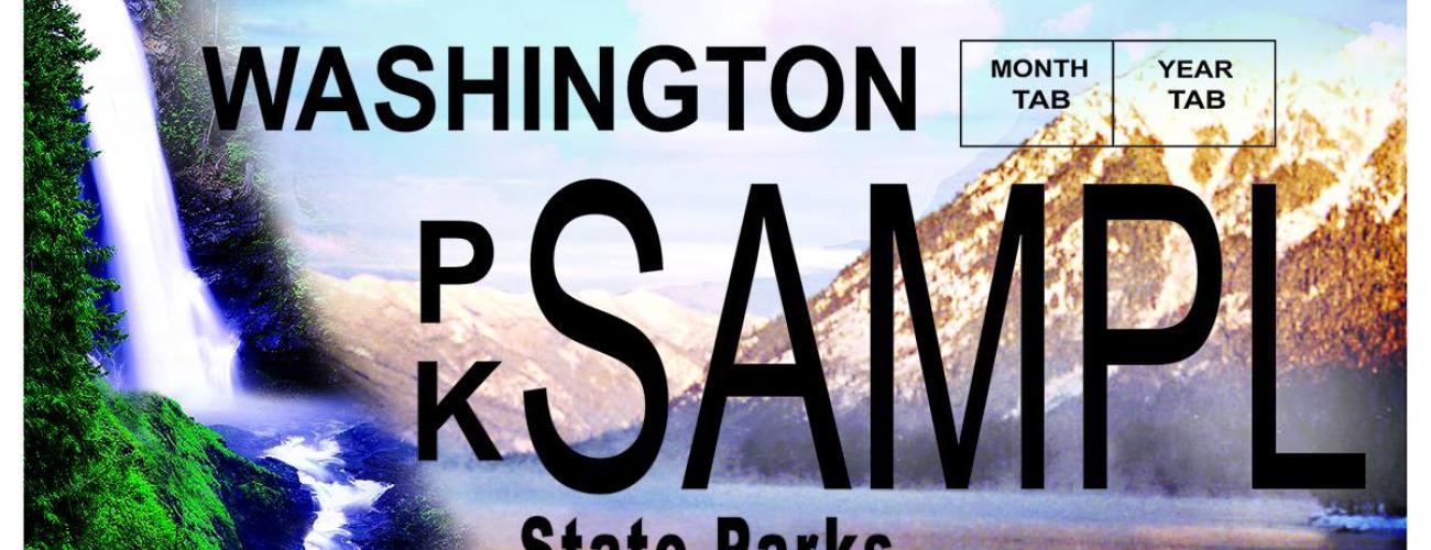 A specialty license plate with an image of a waterfall next to a snow-covered mountain. There are more mountains in the distance and a blue sky overhead.