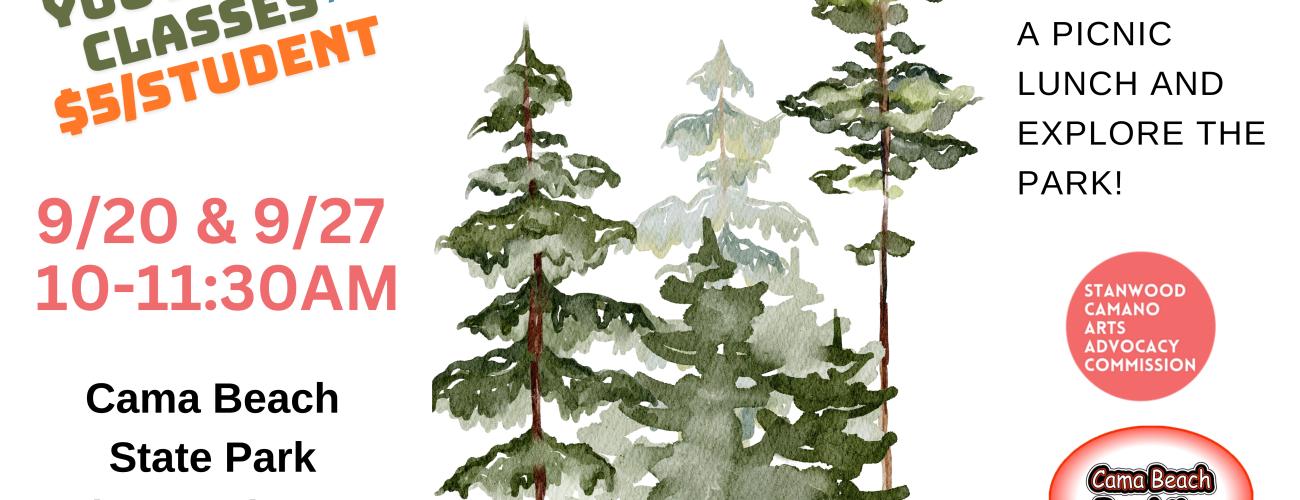 Painting of trees and an eagle with information on art class
