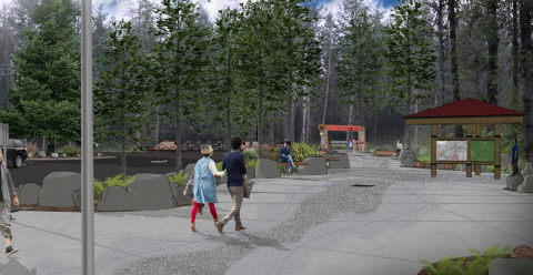 Graphic depiction of interpretive plaza with people walking down sidewalk