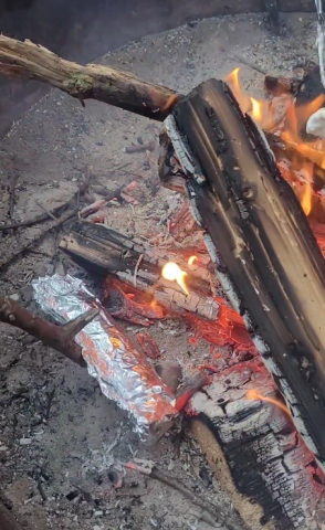 Banana wrapped in tin foil placed in the coals of a campfire