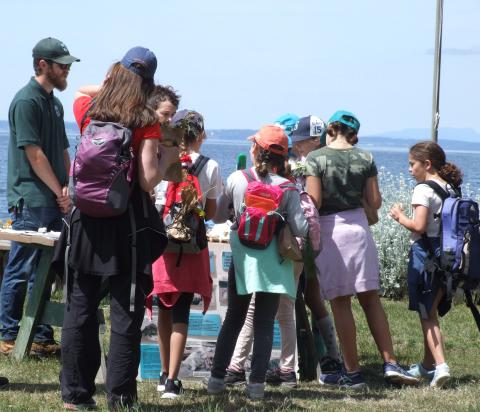 A man in a Parks shirt staffs a table with families crowded around near the beach.