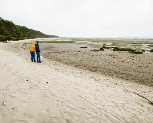 expansive beach with two people looking out at the marsh 