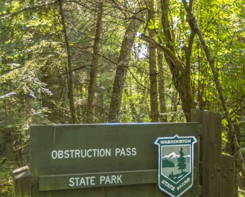 Obstruction Pass Entrance Sign set against a forested background with deciduous trees that have their leaves. 