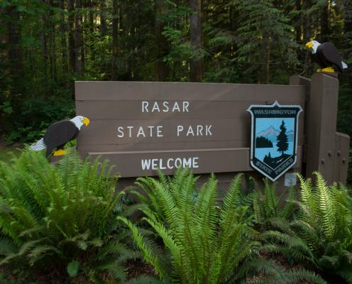 Image of medium brown state park sign with the State Parks Shield, the name of the park, the word "welcome" , and two painted wooden eagles - one on the left and one on the right. In the front are a few green ferns and in the background a lush green forest. 