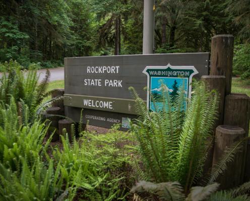 Rockport State Park wooden entrance sign with the state parks shield and the word "welcome." In front of the sign is ferns and in the background lush green trees and undergrowth. 