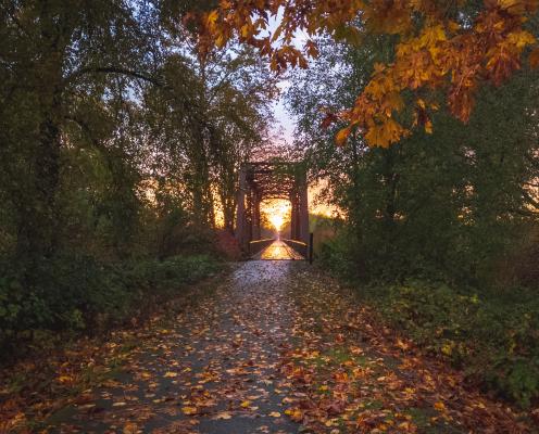 A trail running through an old railroad bridge surrounded by brilliant fall foliage and a spectacular gold, pink and blue sunset. 