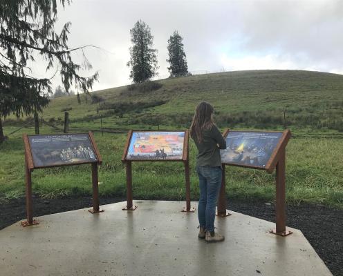 A person with long hair and wearing a T shirt and jeans looks at one of three interpretive panels set in a semi-circle on a concrete pad. A grassy hill with a few sparse evergreen trees on it rises under a cloudy sky in the background.