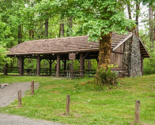 A kitchen shelter in the woods with stone chimney
