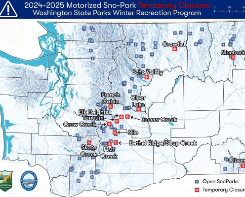 A map of motorized sno-parks in Washington state, with fourteen indicated for closure.