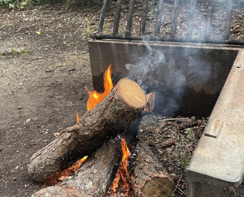 small campfire burning in one of our parks' fire pits with the logs stacked in a cone formation