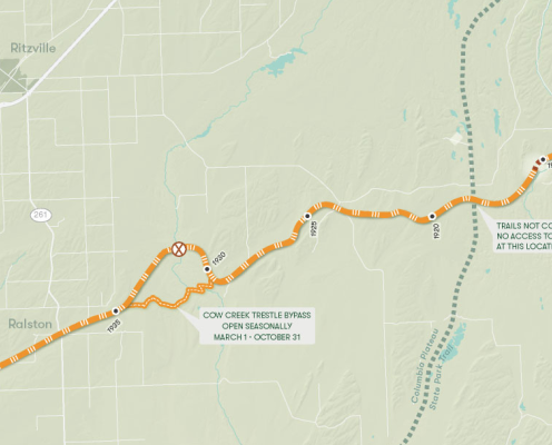 Map showing a broken section of trail and how to bypass a closed area.