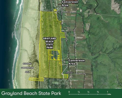 Map of Grayland Beach State Park, with the conversion areas shown in white