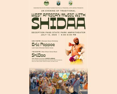 A poster of West African Music with ShiDaa, people playing drums outdoors