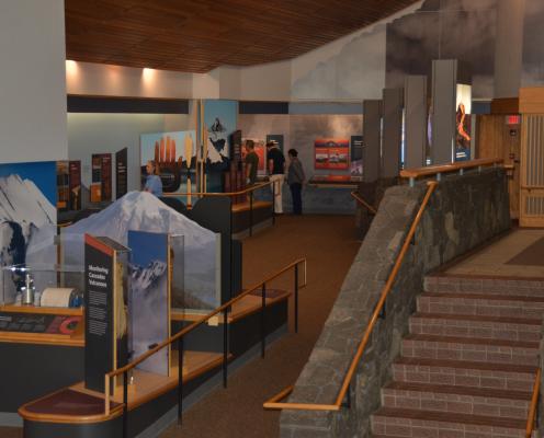 stairs leading down to exhibits along wall - exhibits displayed openly, colorful, with educational information