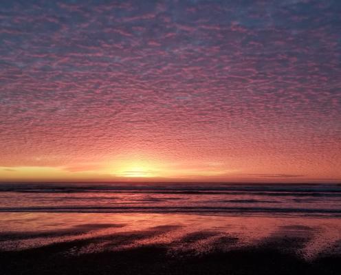 A pink sunset glows along the horizon, casting a soft light reflecting across the wet sand of the beach.