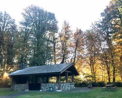 A wood and stone shelter in golden light